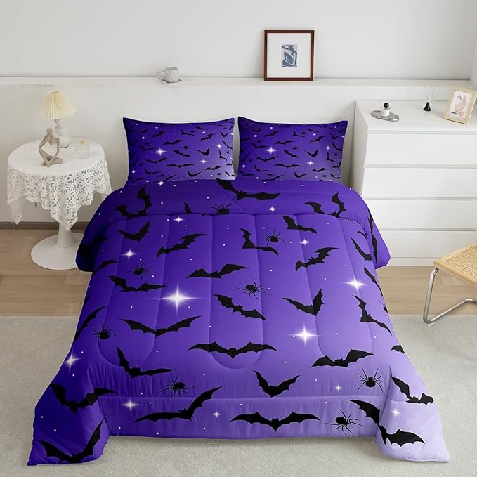 Erosebridal Bat Comforter Set Queen Size for Kids Galaxy Glitter Bedding Set with 2 Pillow Cases Happy Halloween Quilt Gothic Spooky Down Comforter Purple and Black