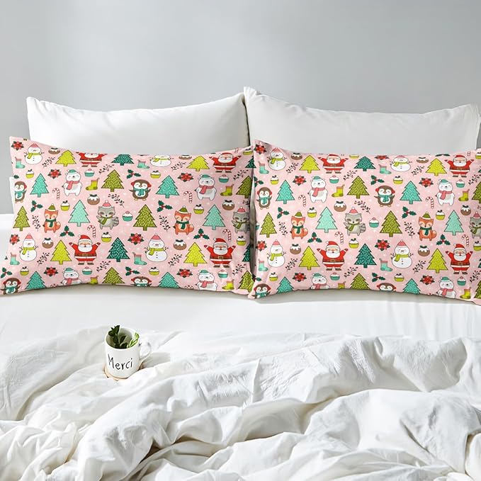 Manfei Christmas Duvet Cover Set Twin Size, Santa Claus Xmas Trees Animals Snowman Bedding Set 2pcs for Kids Girls, New Year Comforter Cover Soft Polyester Quilt Cover with 1 Pillowcase,No Comforter