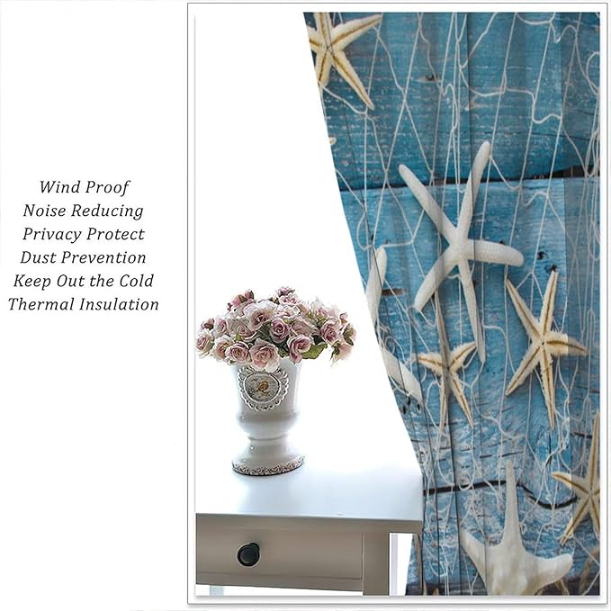 Marine Life Blackout Curtains Watercolor Water Grass Shell Print Curtains for Living Room Bedroom Privacy Curtains 42x45 Inches