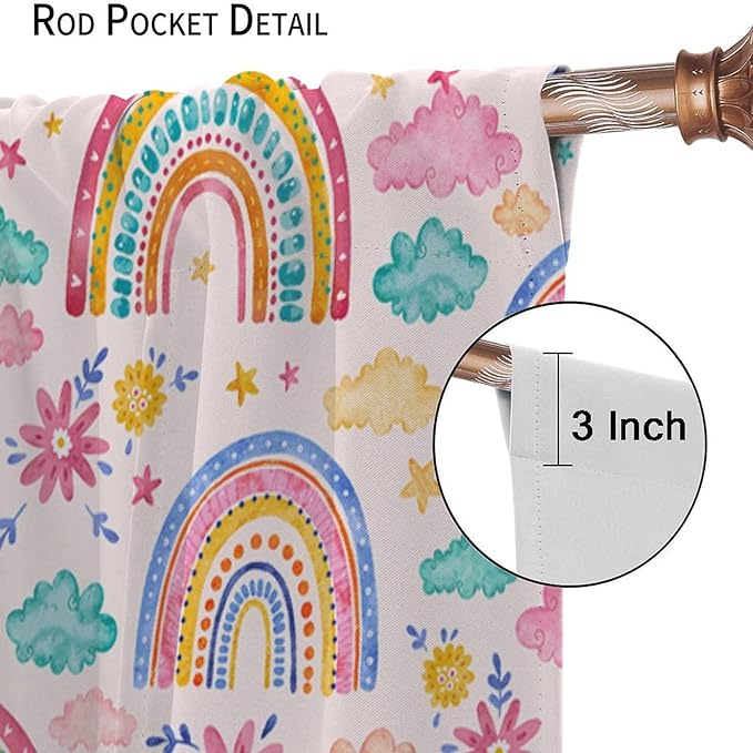 Kids Rainbow Curtains Boho Cartoon Colorful Stars Pink Lovely Rainbow Abstract Art Pattern Print Window Drapes for Bedroom Living Room Kitchen Decor,2 Panel Set,63x72 Inch Blackout