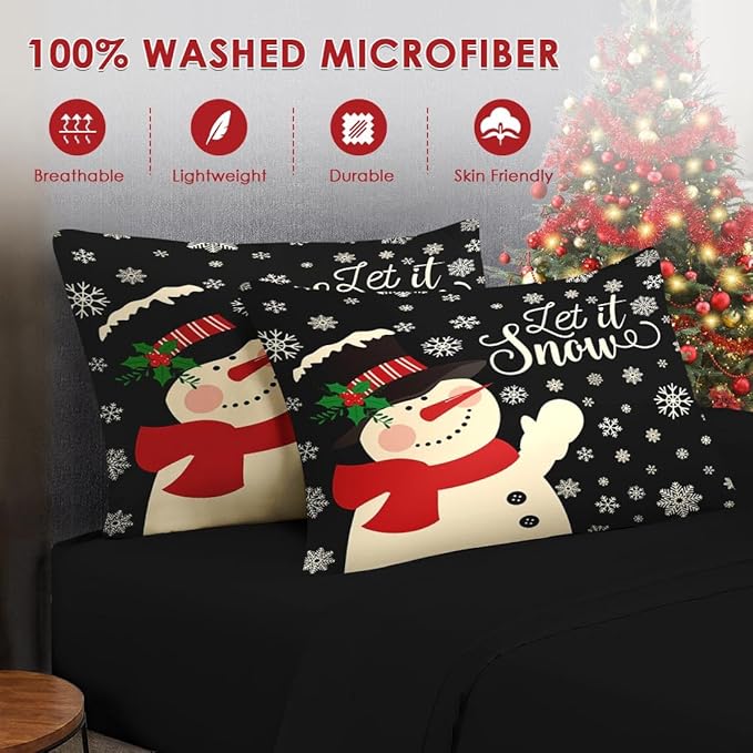 7 Pcs Queen Size Christmas Comforter Set with 2 Pillowcases & 2 Shams, Black Cartoon Snowman Bedding for Kids and Adults, Retro Snow Scene Bed in a Bag with Flat Fitted Sheet