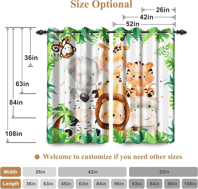 Renaiss 52 x 96 Inch Safari Animal Curtains for Kids Tropical Rainforest Lions Tigers Elephants Giraffes African Jungle Tree Green Leaf Print Window Drapes for Nursery Baby Bedroom Playroom 2 Panels
