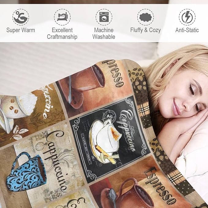 Coffee Blanket Gifts for Coffee Lovers Coffee Throw Blanket for Women Men Adults Soft Warm Cozy Fleece Blanket for Couch Sofa Bed D1 50"x60"