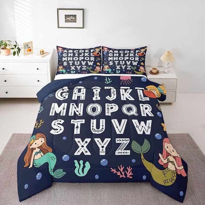 Feelyou Alphabet Kids ABC Learning Bedding Set Soft for Boys Girls, Cute Mermaid Comforter Set Twin Size Educational Nursery Art Duvet Quilt Microfiber Sealife Bedroom Decor 2 Pcs with 1 Pillow Cases