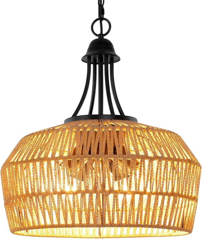 18.5'' Rattan Chandeliers for Dining Room, 5-Light Boho Pendant Light, Hand Woven Lampshade for Kitchen Island, Bedroom, Living Room, Height Adjustable