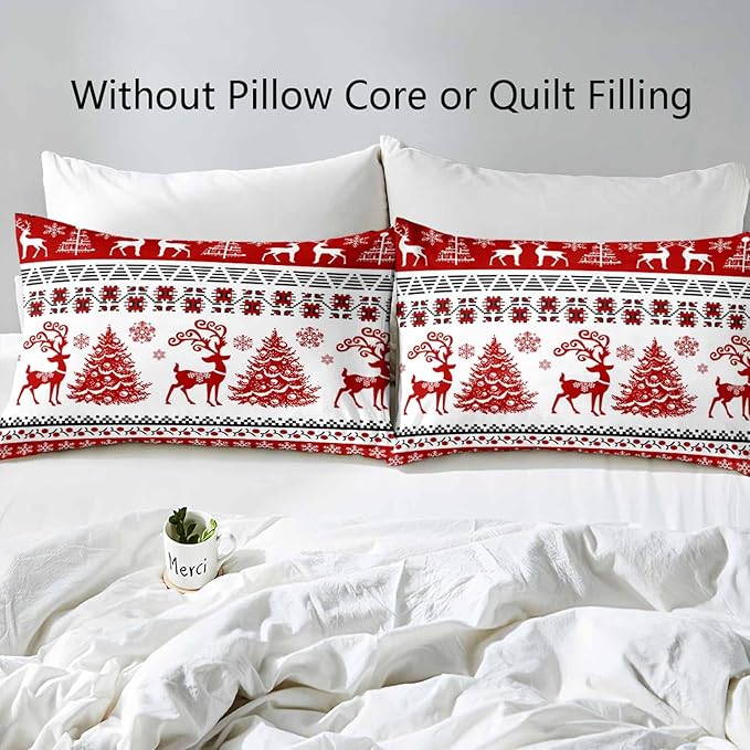 LUVIVIHOME 3PCS Christmas Duvet Cover Queen Bedding Set, Red and White Striped Duvet Cover, Reindeer Deer Christmas Tree Snowflake Winter Holiday Xmas New Year Christmas Comforter Cover 2 Pillow Shams