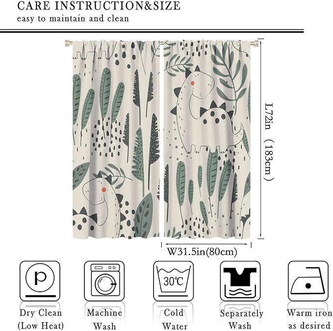 Funny Dinosaur Curtains, Jungle Cute Cartoon Animals Tropical Leaves Plant Beige Green Print Blackout Window Treatments for Kids Boys Girls Bedroom Living Room 63x72in