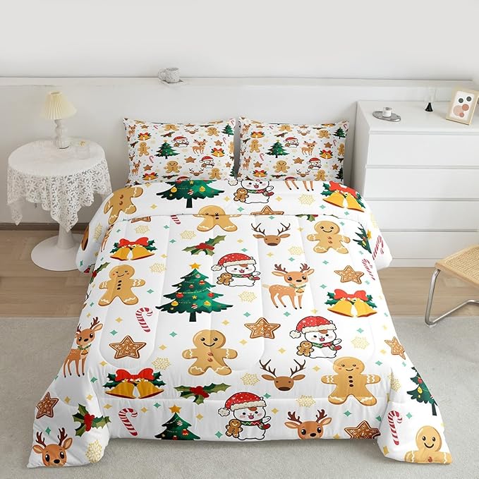Feelyou Merry Christmas Comforter Set All Season Gingerbread Man Bedding Set with 2 Pillow Cases Cute Deer Microfiber Kids Queen Bedclothes Christmas Tree Duvet Quilt Breathable Soft Lightweight
