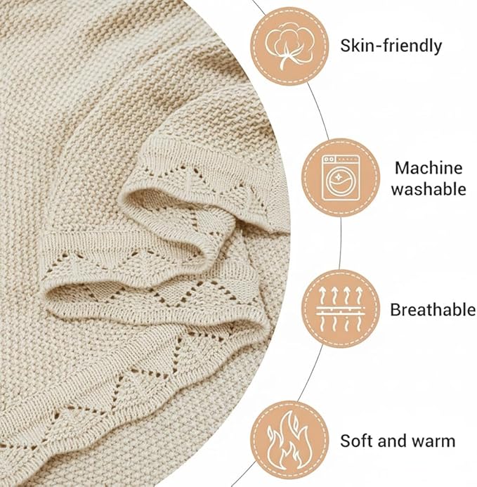 Baby Knit Blanket Soft Breathable Cotton Scallop Border Blankets Newborn Knitted Blanket Swaddle Blankets Gifts for Baby Newborn Toddler Shower Boy Girl New Mom Birthday Christmas Cream 30x40