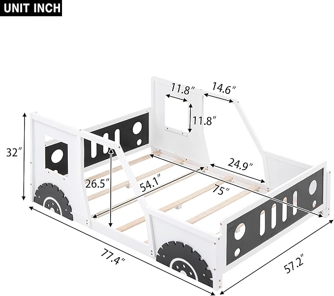 Merax Full Size Classic Car-Shaped Platform Bed with Wheels, Wood Car Bed Frame for Boys, White