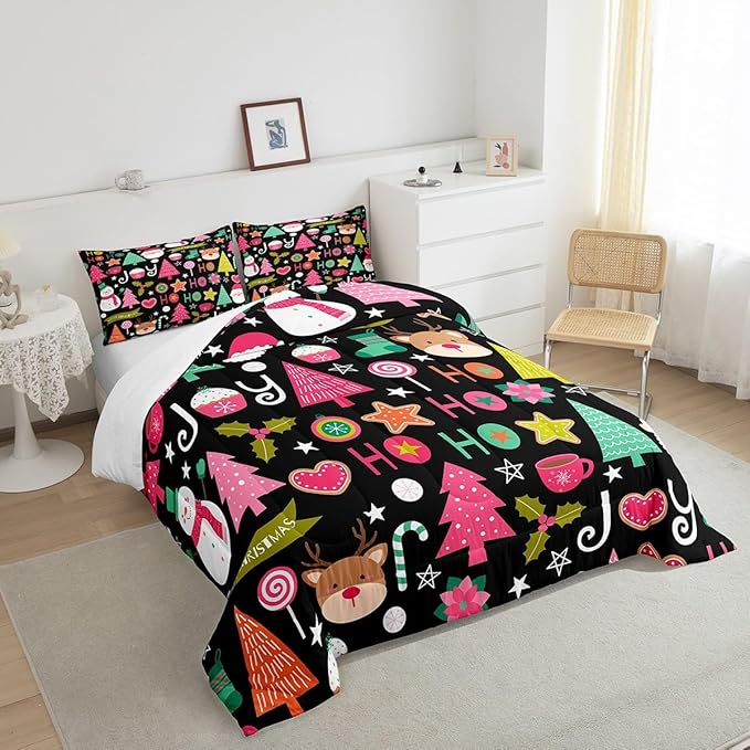 Merry Christmas Kids Comforter Set Queen Size,Cartoon Santa Claus Snowman Xmas Bedding Set,Boys Girls Adults Room Decor,Christmas Trees Deer Cute Down Comforter,Colorful Duvet Insert,2 Pillowcases