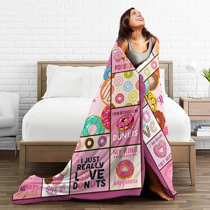 Pink Donut Fleece Blanket Dessert Throw Blankets for Girls Boys Super Soft Warm Flannel Cute Food Throws Gifts for Men Women Cozy Fuzzy Plush Stuffed Couch Bed Bedding Decor 60"x50"