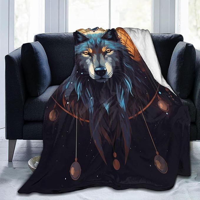 Cartoon Wolf Dream Catcher Blanket Gifts Moon Wolves Flannel Throw Blankets for Home Decor Couch Bed Sofa Soft Fuzzy Lightweight for All Season 50x40 Inches