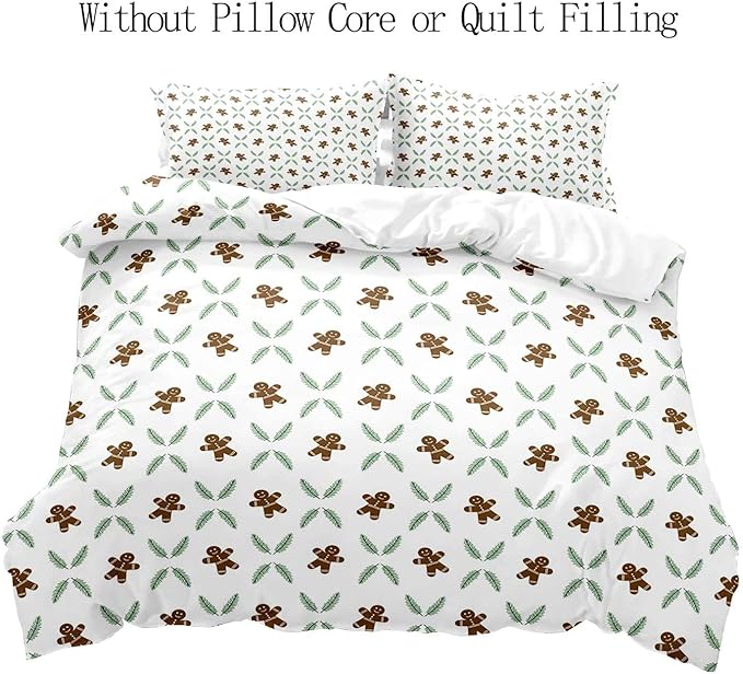 LUVIVIHOME 2PCS Gingerbread Man Duvet Cover Twin Bedding Sets, White Duvet Cover, Teens Boys Girls Kids Bedding, Green Plant Pine Picks Leaves Winter Holiday Christmas Comforter Cover, 1 Pillow Sham