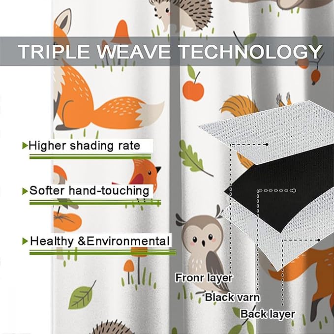 Forest Animal Curtains for Kids, Cartoon Safari Woodland Animals Window Treatments Cute Wild Jungle Bear Fox Deer Bear Window Drapes for Girls Boys Nursery Toddler Bedroom 63x72in