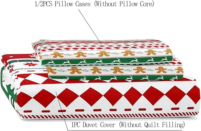 LUVIVIHOME 2PCS Christmas Duvet Cover Twin Bedding Sets, Gingerbread Man Christmas Tree Snowflake Poinsettia Reindeer Winter Holiday Xmas Gifts Red Green White Striped Comforter Cover, 1 Pillow Sham