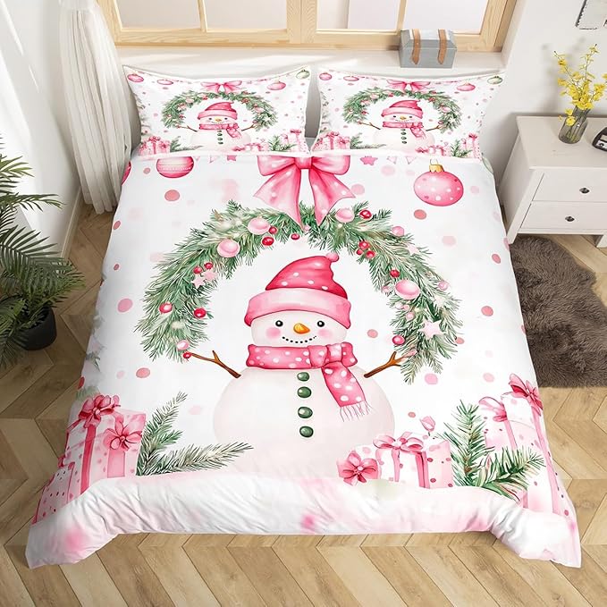 Manfei Christmas Kids Duvet Cover Set King Size, Cute Snowman Holly Leaf Bedding Set for Boys Girls Adult, Pink Bowknot Xmas Comforter Cover, Lightweight Bedspread Cover, 2 Pillowcases, No Comforter