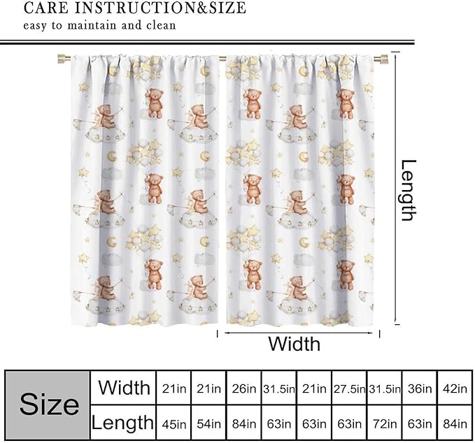 Cartoon Bear Curtains, Cute Lovely Bear Star Cloud Ballon Pastel Blackout Window Treatments, Rod Pocket Thermal Insulated Drapes 2 Panel Sets for Kids Bedroom Nursery Classroom, 72" W X 63" L