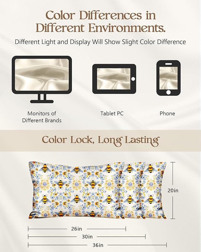 Silk Pillowcase 2 Pack - Pillow Cases 20" x 30" Queen Size Set of 2 for Hair and Skin Smooth Soft Breathable with Hidden Zipper Cooling Pillow Covers for Sleeping, Flower Bee