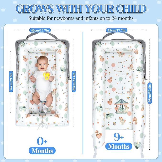 Baby Lounger for Newborn 0-24 Months, Portable Infant Lounger with Soft Breathable Cotton, Adjustable Size Lengthen Space Lightweight & Washable Essentials for Home (3. Carousel)