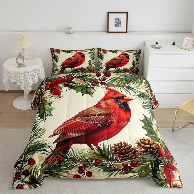 jejeloiu Kids Red Cardinal Comforter Set Toddler Christmas Tree Green Plants Bedding Set for Boys Girls Teens Xmas Birds Animal Winter Happy New Year Duvet Quilt Room Decor