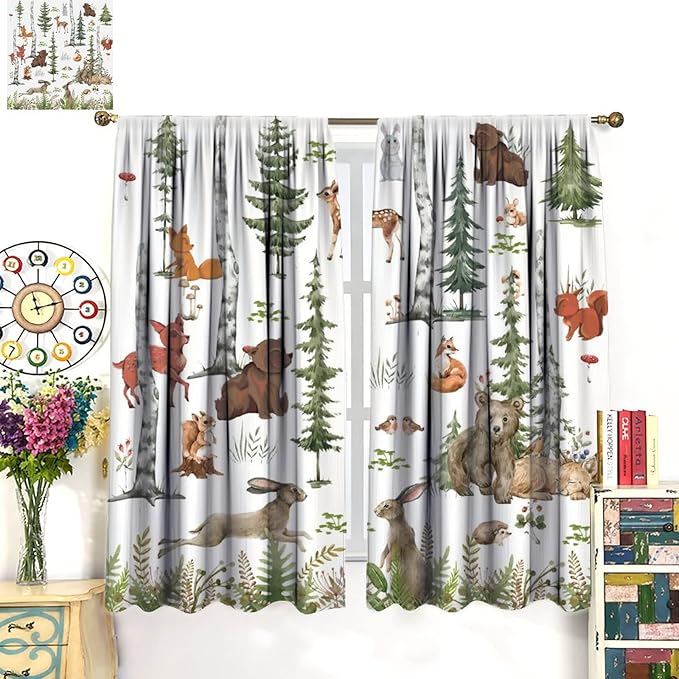 Animal Kids Curtains, Woodland Squirrel Rabbit Bear Animal Friends Forest Curtains for Boys and Girls Bedroom Living Room Kitchen 72x63in