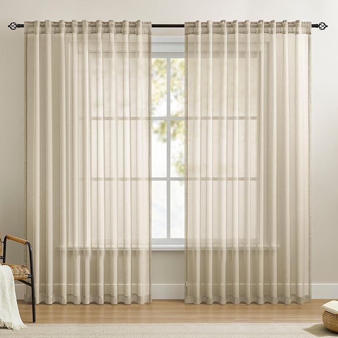 Dreaming Casa Taupe Sheer Curtains 84 Inches Long, Rod Pocket & Back Tab Light Filtering Textured Sheers for Living Room Bedroom, 2 Panels, Each 100" W x 84" L