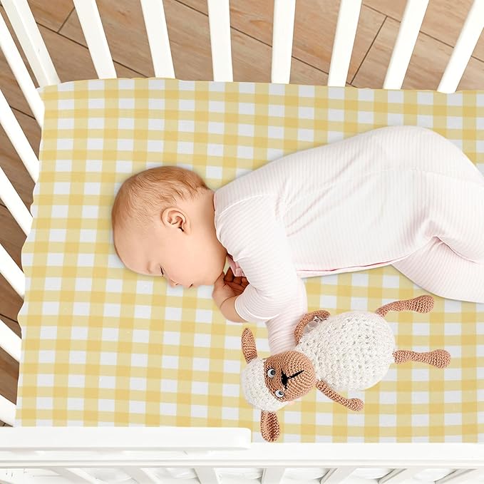 Yellow Gingham Crib Sheets for Boys and Girls, Fitted Baby Crib Sheets Soft and Breathable Mini Crib Sheets 39 X 27 Inches