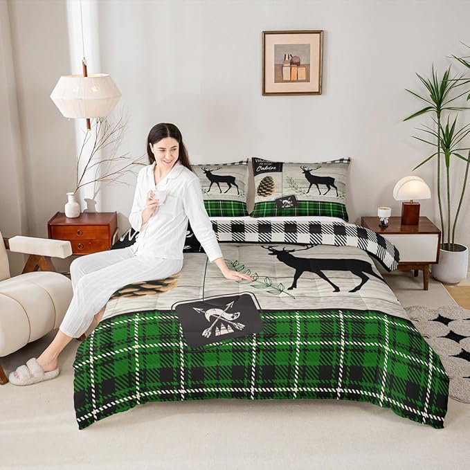 Deer Silhouette Kids Comforter Set Full Size,Old Plank Leaves Bedding,Girls Boys Adults Bedroom/Xmas Cabin Decor,Geometric Grid Plaid Retro Down Comforter,Rustic Farmhouse Duvet Insert,2 Pillowcases