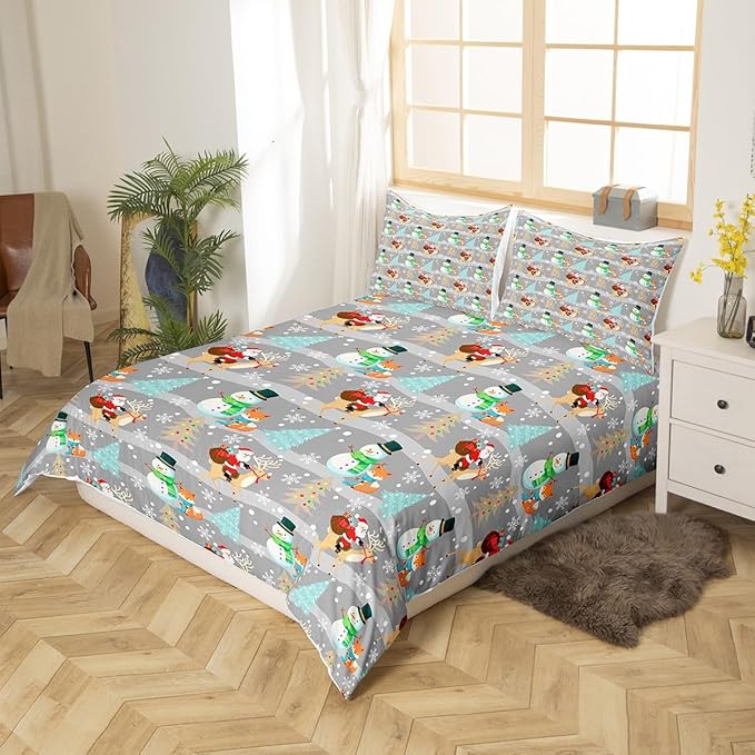 Christmas Duvet Cover Set Twin Size, Xmas Trees Snowman Santa Claus Comforter Cover with 1 Pillowcase, Winter Snowflake Grey Stripes Bedding Set for Kids Girls New Year Bedspread Cover,No Comforter