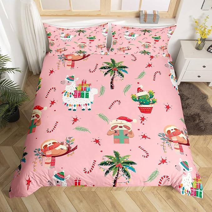 Manfei New Year Duvet Cover Set Full Size, Cute Xmas Sloth Alpaca Print Bedding Set 3pcs for Kids Boys Girls Bedroom Decor, Christmas Theme Comforter Cover with 2 Pillowcases,No Comforter