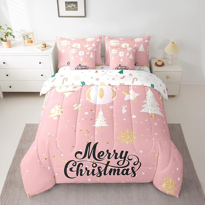 Feelyou Christmas Tree Bed Set for Children Kids Boys Girls Pink Xmas Theme Bed in a Bag Glitter Snowflake Star Comforter Set with Sheets Room Decor Bedding Set King Size