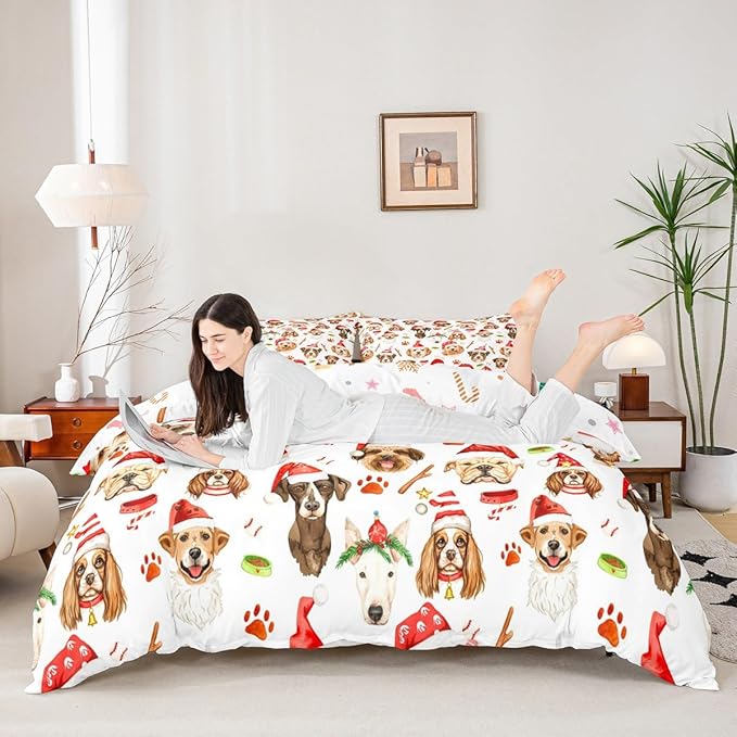 Christmas Kids Bedding Set Cartoon Puppy Dogs Xmas Theme Bedding Duvet Cover Set for Boys Girls New Year Decor Comforter Cover Set Animal Pattern Bedspread Cover Bedroom Quilt Cover 2Pcs Twin Size
