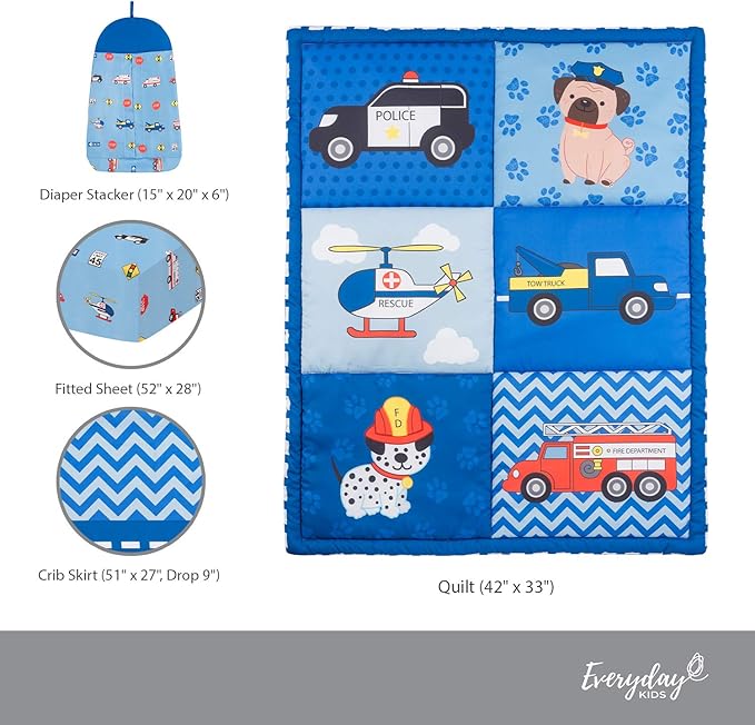 EVERYDAY KIDS 4 Piece Boys Crib Bedding Set - Little Rescuer - Includes Quilt, Fitted Sheet, Dust Ruffle and Diaper Stacker - Nursery Bedding Set - Baby Crib Bedding Set