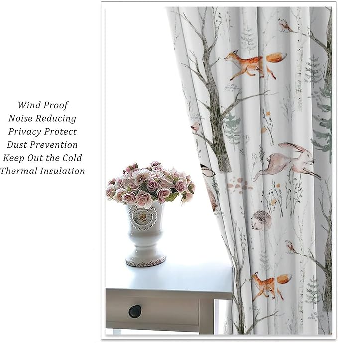 Rustic Forest Window Curtains, Watercolor Woodland Animals Owl Hedgehog Fox Butterfly Forest Squirrel and Bear Blackout Windows Door Curtain for Bedroom Living Room Home Decor 72x63in