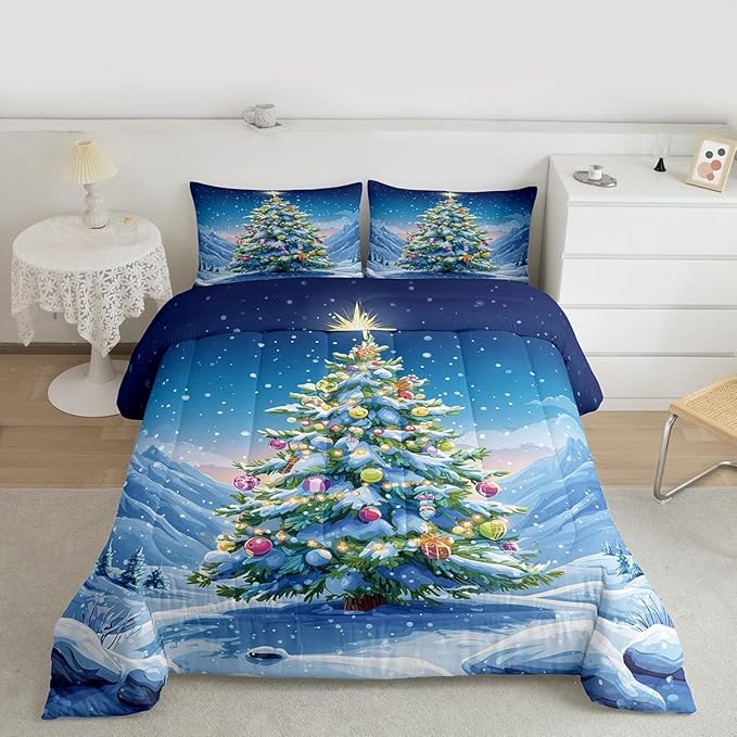 Feelyou Christmas Comforter Set Toddler Size Xmas Tree Bedding Set for Kids Boys Girls Winter Snowflake Duvet Quilt Christmas Tree Ornaments Bedroom Decor Microfiber 2 Pcs with 1 Pillow Cases