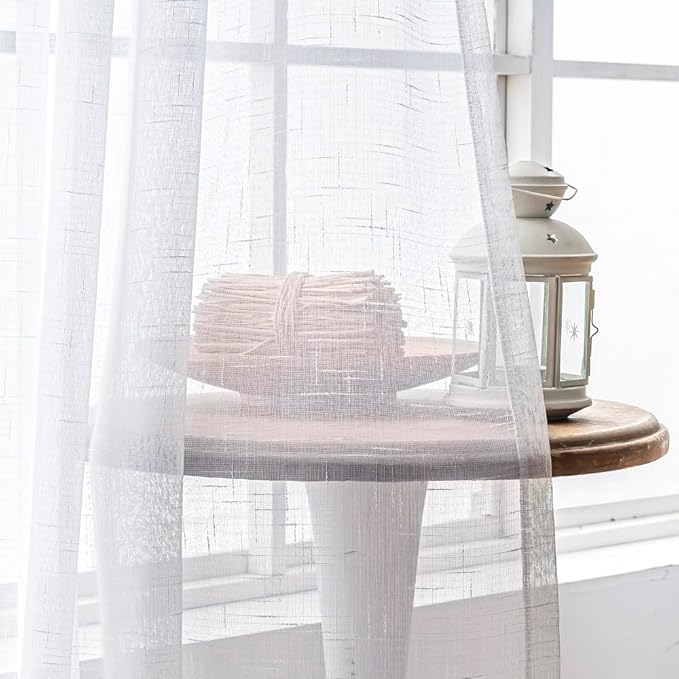White Sheer 94 Inch Curtains Long 2 Panels, Thin Textured Linen Look Drapes for Living Room, Rustic See Through Window Treatments Decor, DIY Pinch Pleat Sliding Glass Door Curtain
