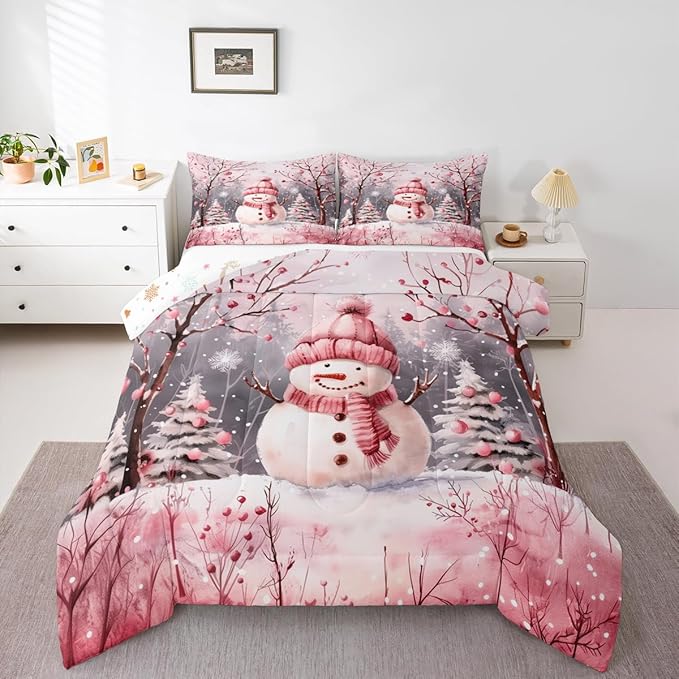 Feelyou Cute Snowman Comforter Set All Season Christmas Tree Bedding Set with 2 Pillow Cases Xmas Snowflake Microfiber Kids King Bedclothes Pink Scarf Bedroom Decor Pink Winter Scene Duvet Quilt