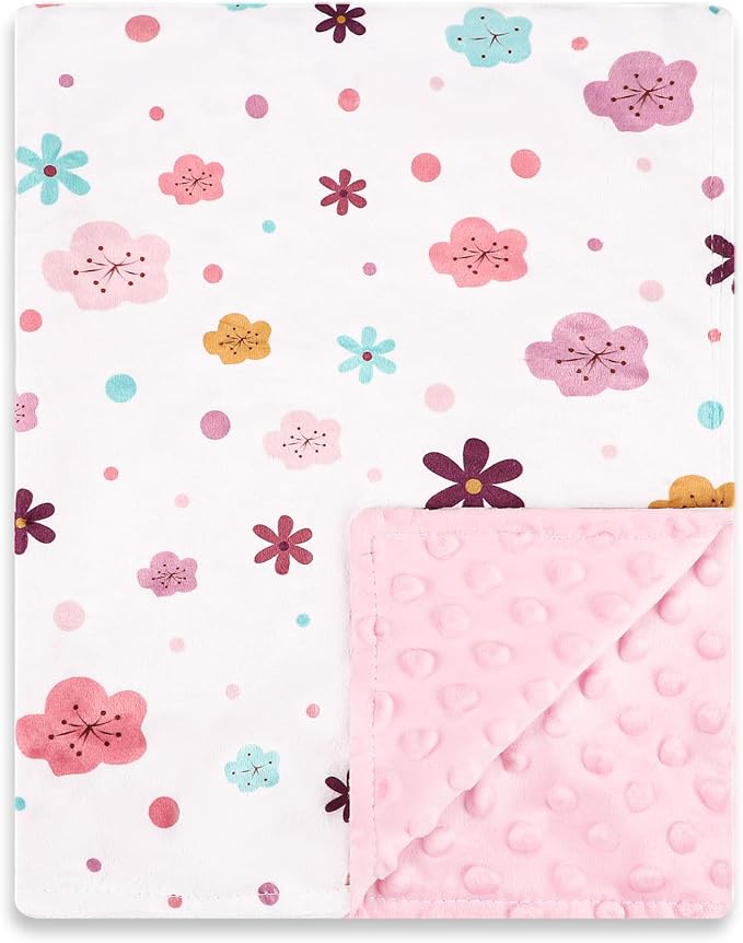 Pea Pod Baby Girls Blanket Soft Floral Minky Blanket for Newborn, 30'' x 40'' Double Layer Design, Dotted Backing Warm Baby Quilt Crib Blanket for Nursery/Stroller/Toddler Bed/Baby Car Seat
