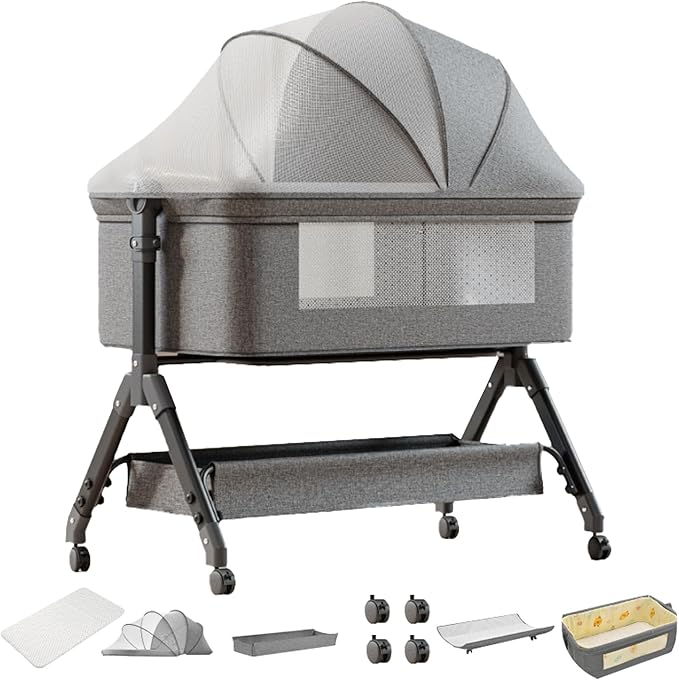 Nine point nine Baby Bedside Bassinet, Baby Bassinet Bedside Sleeper, Next to Me Crib with Wheels, Foldable Co-Sleeping Bed Crib for Newborn (X3 Grey)