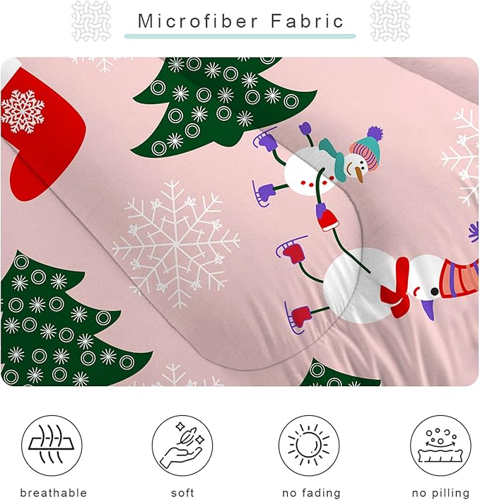 Pink Christmas Comforter Twin: Kids Bedding Set with Xmas Tree Snowman Stocking Candy Cane Snowflake for Teen Girls Boys Holiday Quilt Decor 1 Comforter & 1 Pillowcase