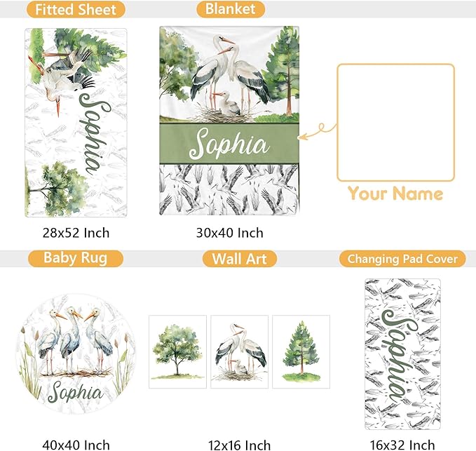 Custom Baby Crib Bedding Set, 5 Pcs Personalized Name Baby Crib Sets for Infant Toddler, Green Crane Nursery Bedding Set for Boy Girl, Double Layer Flannel Baby Bedding Sets Customized Gifts