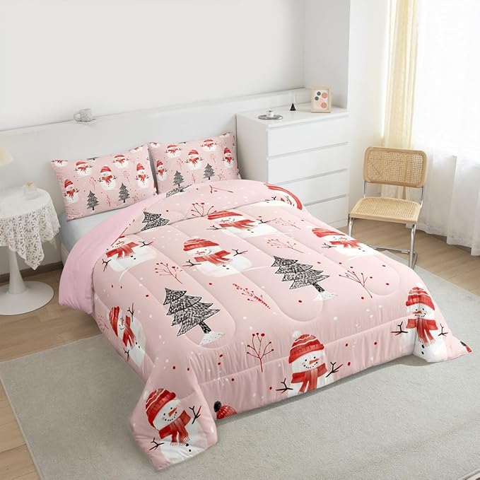 Feelyou Cute Snowman Bedding Set Soft for Boys Girls, Christmas Trees Comforter Set King Size Xmas Snowflake Duvet Quilt Microfiber Christmas Decor Bedroom Decor Holiday 3 Pcs with 2 Pillow Cases