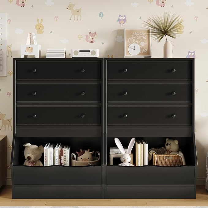 MHOM Toy Storage Organizer with Open Cube, Kids Bookshelf and Toy Storage with PU & Non-Woven Fabric Drawers, Small Book Shelf for Kids Rooms, Playroom and Nursery, Black