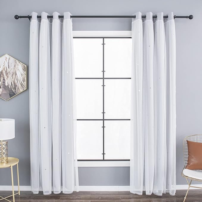 Kinryb Sheer Overlay Curtains for Girls Bedroom,84 Inches Grey Panle,2 Free Tiebacks Double Layer Curtains for Bedroom,Star Cutout Panle for Kids Room(52W*84L Inches,2 Panel Greyish White)