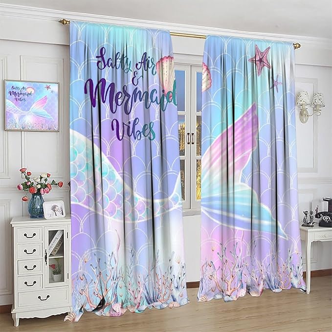 Fantasy Mermaid Curtain Colorful Rainbow Fish Tail Ocean Theme Beautiful Kids Window Treatment for Girls Bedroom Nursery Room Decor Rod Pocket Window Drapes 72x63in