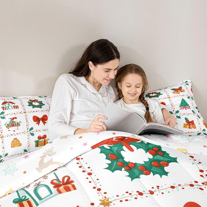 Feelyou Christmas Decor Kids Comforter Set Twin Size Red Bowknot Bedding Set New Year Gift Duvet Quilt for Kids Boys Girls Bedroom Happy New Year Decor Microfiber Ultra Soft Breathable