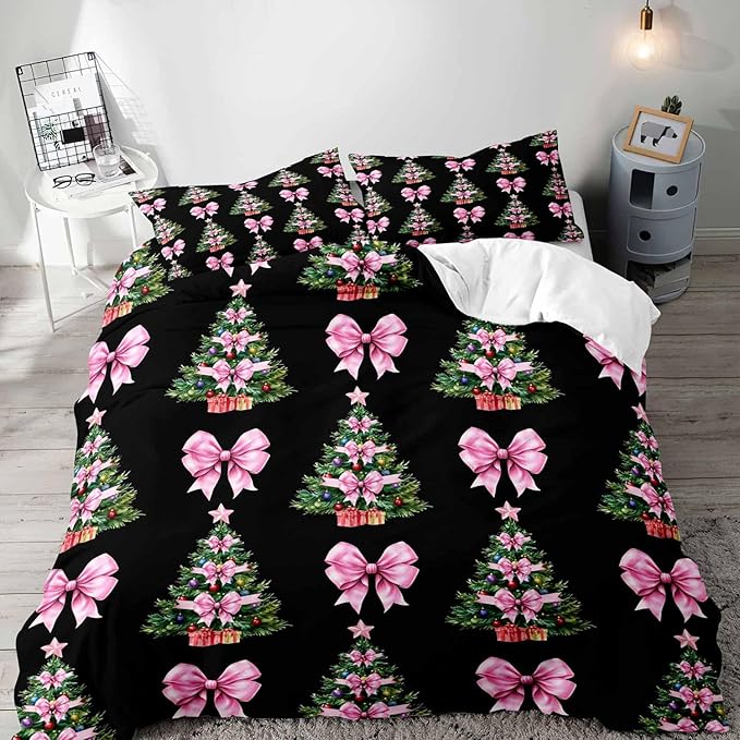 LUVIVIHOME 3PCS Christmas Tree Pink Bow Duvet Cover Full Bedding Set, Teen Girl Bedding, Black Duvet Cover, Bowknot Xmas Tree Winter Holiday Festival Coquette Christmas Comforter Cover, 2 Pillow Cases