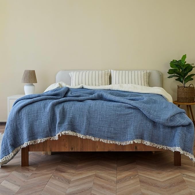 Cotton Muslin Blanket – Soft Muslin Comforter Quilt Made from Premium Muslin Fabric, Lightweight Breathable Cotton Quilt for All Seasons (Dusty Blue, Twin)