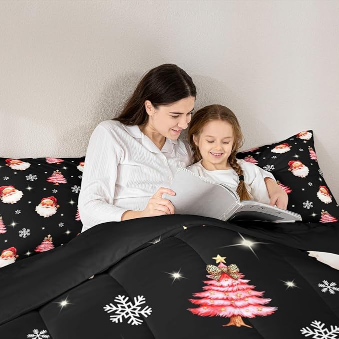 jejeloiu Kids Christmas Theme Comforter Set Queen Size Xmas Tree Cute Santa Claus Bow Bedding Set for Boys Girls Teens Winter Snowflake Happy New Year Duvet Quilt Room Decor